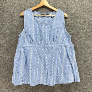Baby And Me Blouse Women L Large Blue Striped Embroidered Sleeveless Belted